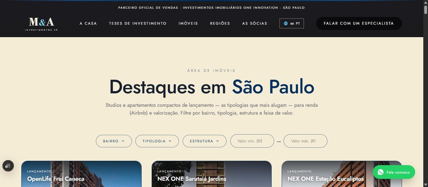 Área de imóveis do site, com filtros por bairro, tipologia, estrutura e faixa de valor