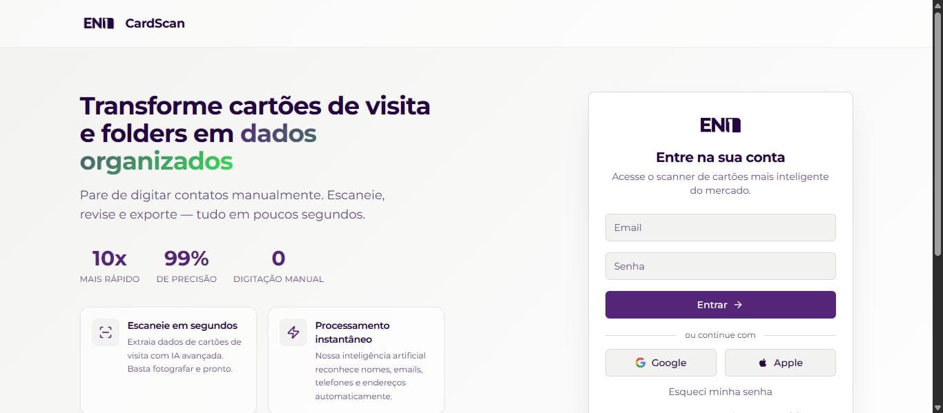 Tela de entrada do CardScan by EN1, com a chamada Transforme cartões de visita e folders em dados organizados