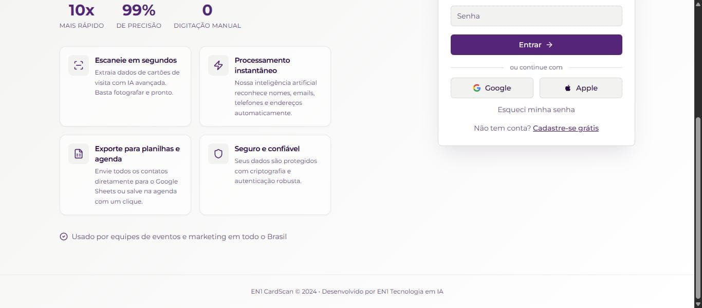 Recursos do CardScan: escaneie em segundos, processamento instantâneo por IA, exportação para planilhas e agenda, e segurança dos dados