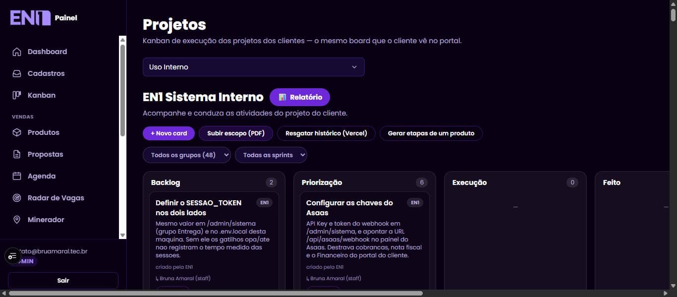 Kanban de projeto no painel da EN1, com colunas Backlog, Priorização, Execução e Feito e os botões de subir escopo e resgatar histórico