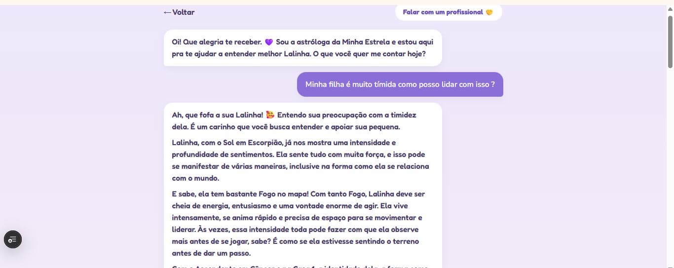 Conversa com a astróloga de IA: a mãe pergunta como lidar com a timidez da filha e recebe uma resposta baseada no mapa da criança, com o botão Falar com um profissional no topo