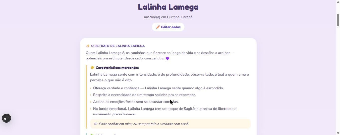Painel do Minha Estrela mostrando o retrato da criança, com características marcantes e orientações para os pais