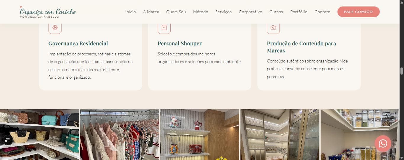 Seção de serviços do site, com governança residencial, personal shopper e produção de conteúdo, acima da galeria de ambientes organizados
